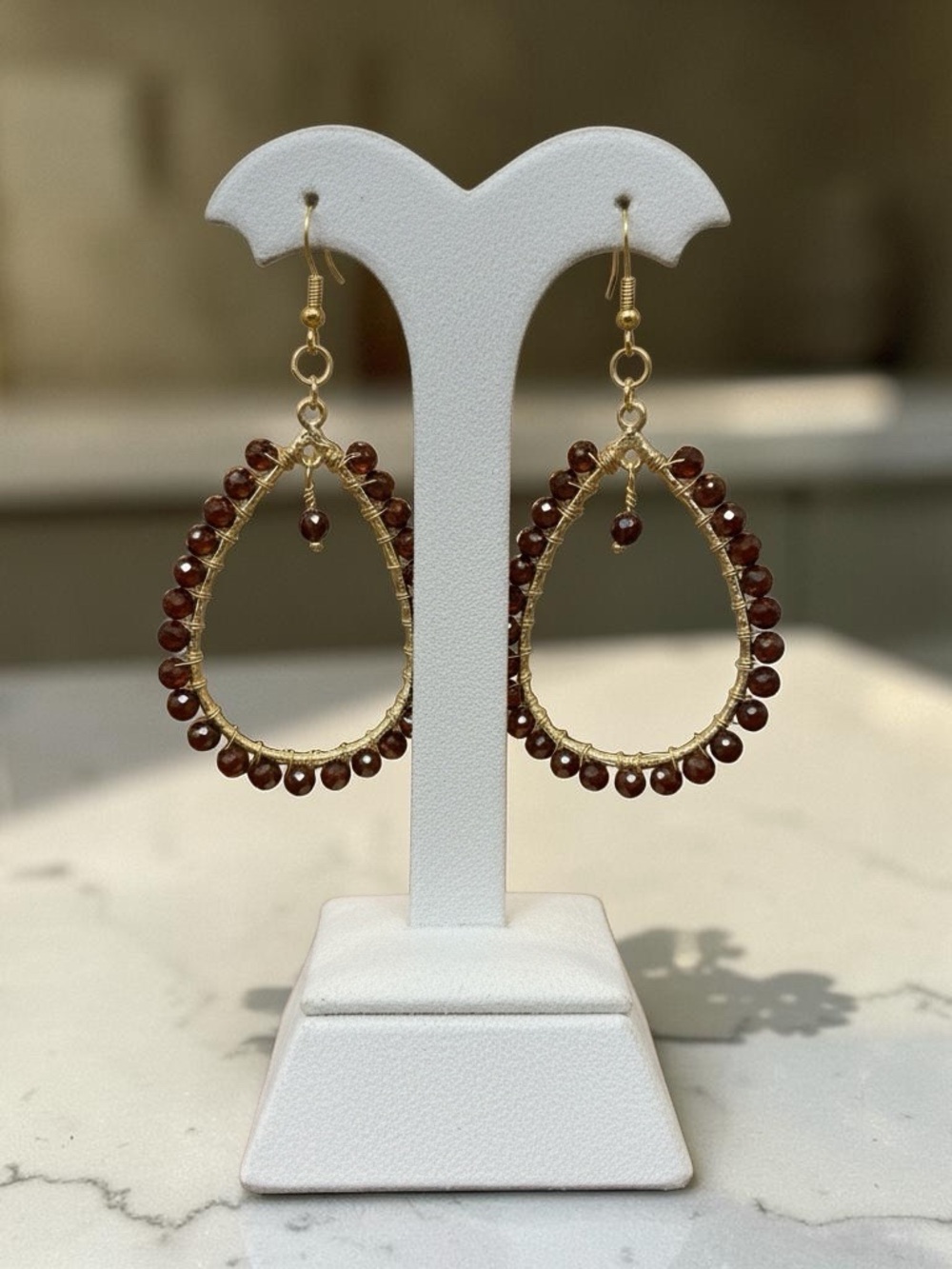 Gold Teardrop Earrings with Garnet Beads